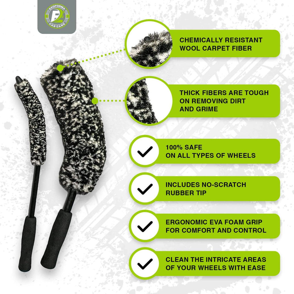 Bendable Brush Set - Unique Adjustable 2-Piece Wheel Brush Set Cleans Behind Wheels - Tough Yet Gentle Wool Fiber +