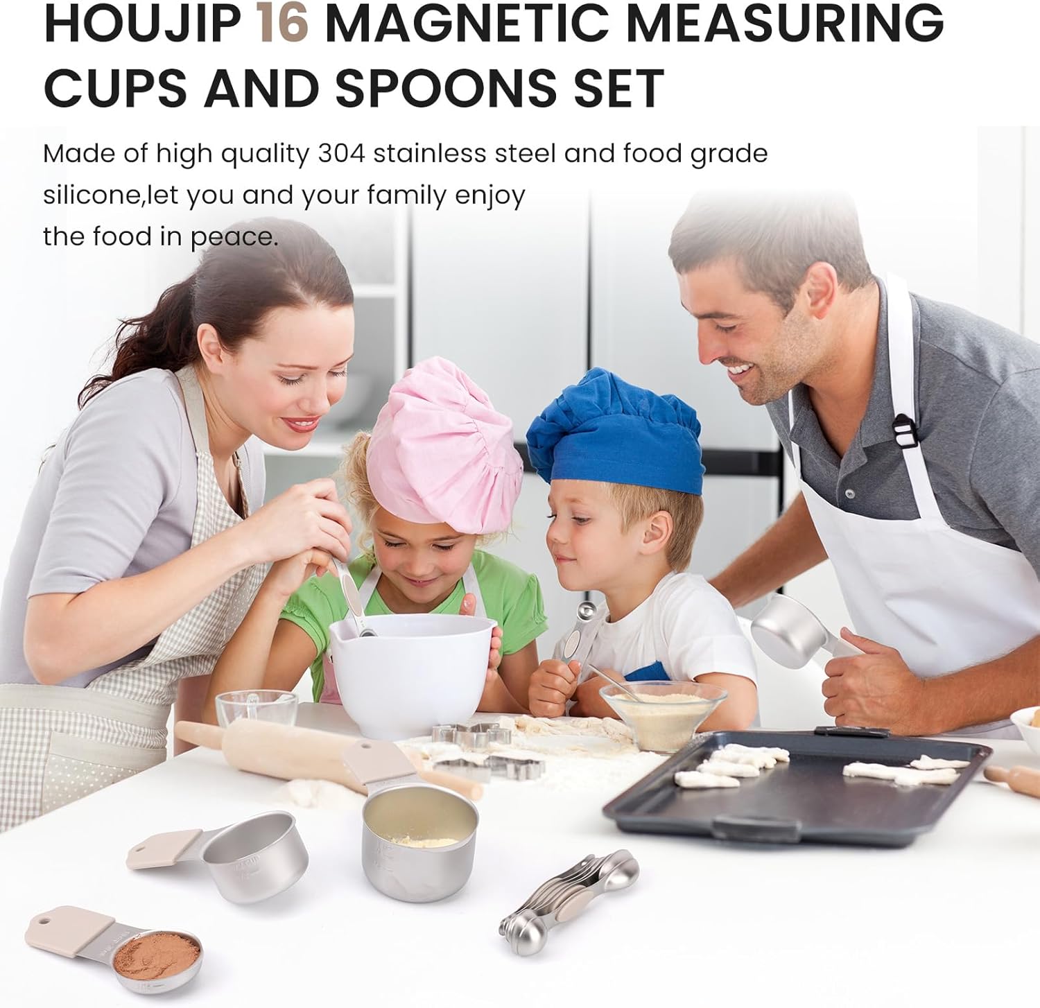 Magnetic Measuring Cups and Spoons Set-Heavy Duty 304 Stainless Steel，Double Measurement Markings，Set of 16 with