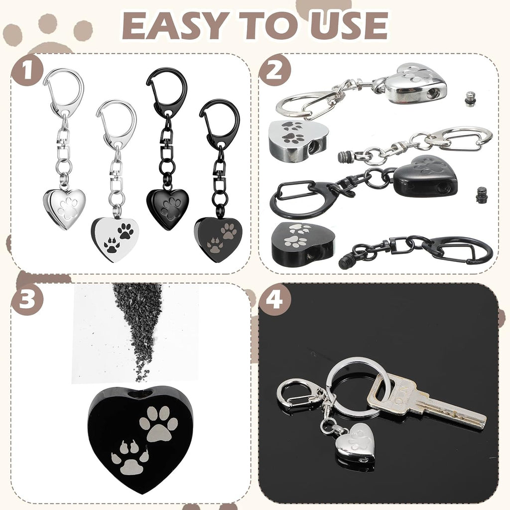 4 Pcs Pet Urn Keychain for Dog Ashes Heart Shaped Dog Ashes Keychain Stainless Steel Pet Ashes Keepsake Paw Print