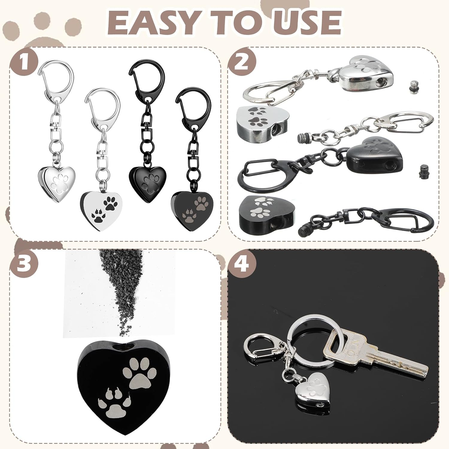 4 Pcs Pet Urn Keychain for Dog Ashes Heart Shaped Dog Ashes Keychain Stainless Steel Pet Ashes Keepsake Paw Print