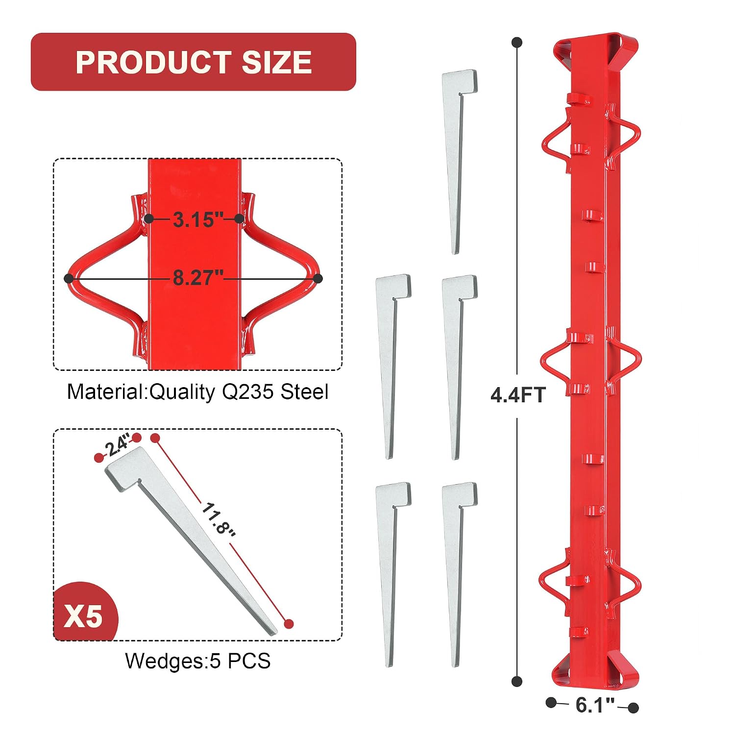 4ft Woven Wire Fence Stretcher Bar with 5 Wedges, Heavy-Duty Carbon Steel Fence Stretcher Tool Wire Puller, Red