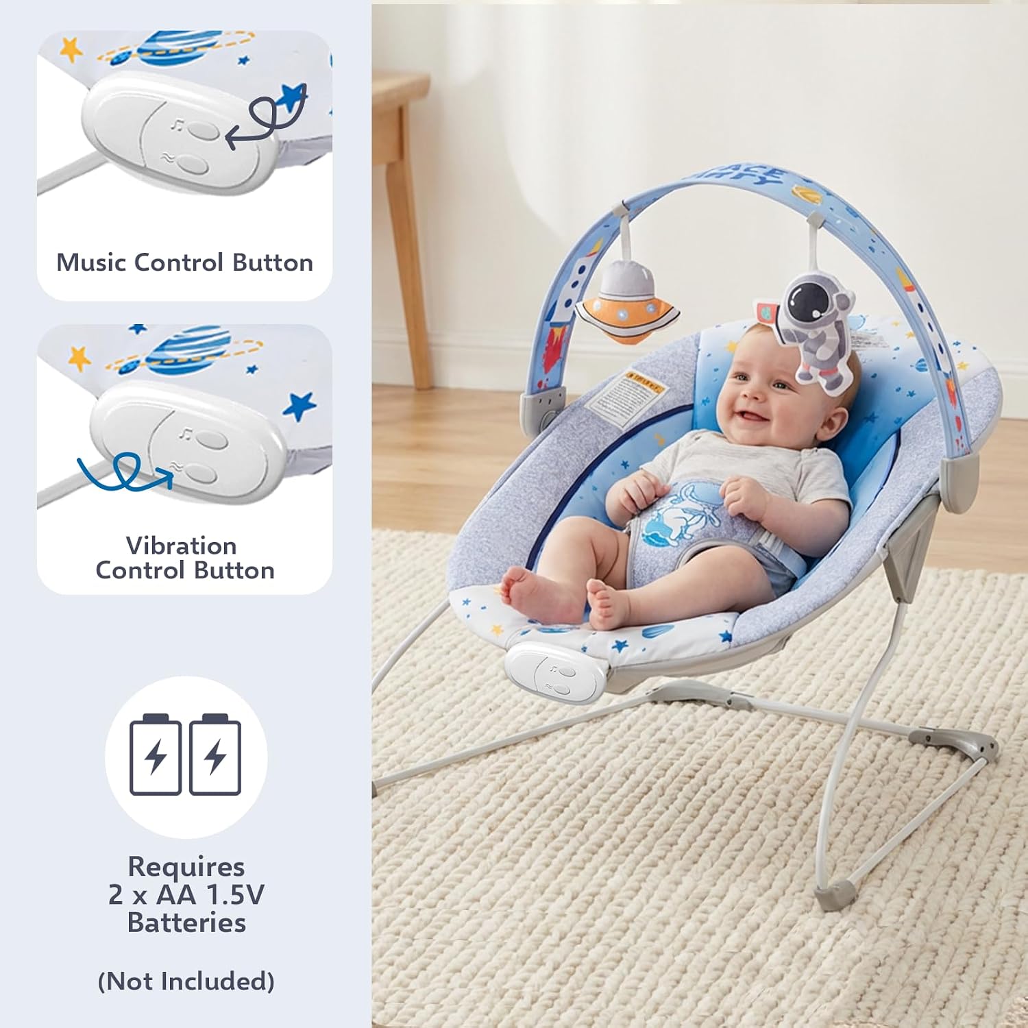 Baby Bouncer Seat & Rocker with Music for Infant 0-6 Months, Blue | 6 Melodies, Fun Vibration, 3-Point Harness