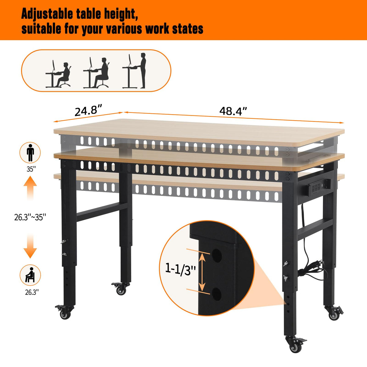 Adjustable Workbench w/Power Strip & Wheels, 48" 2000LBS, Rubber Wood Top