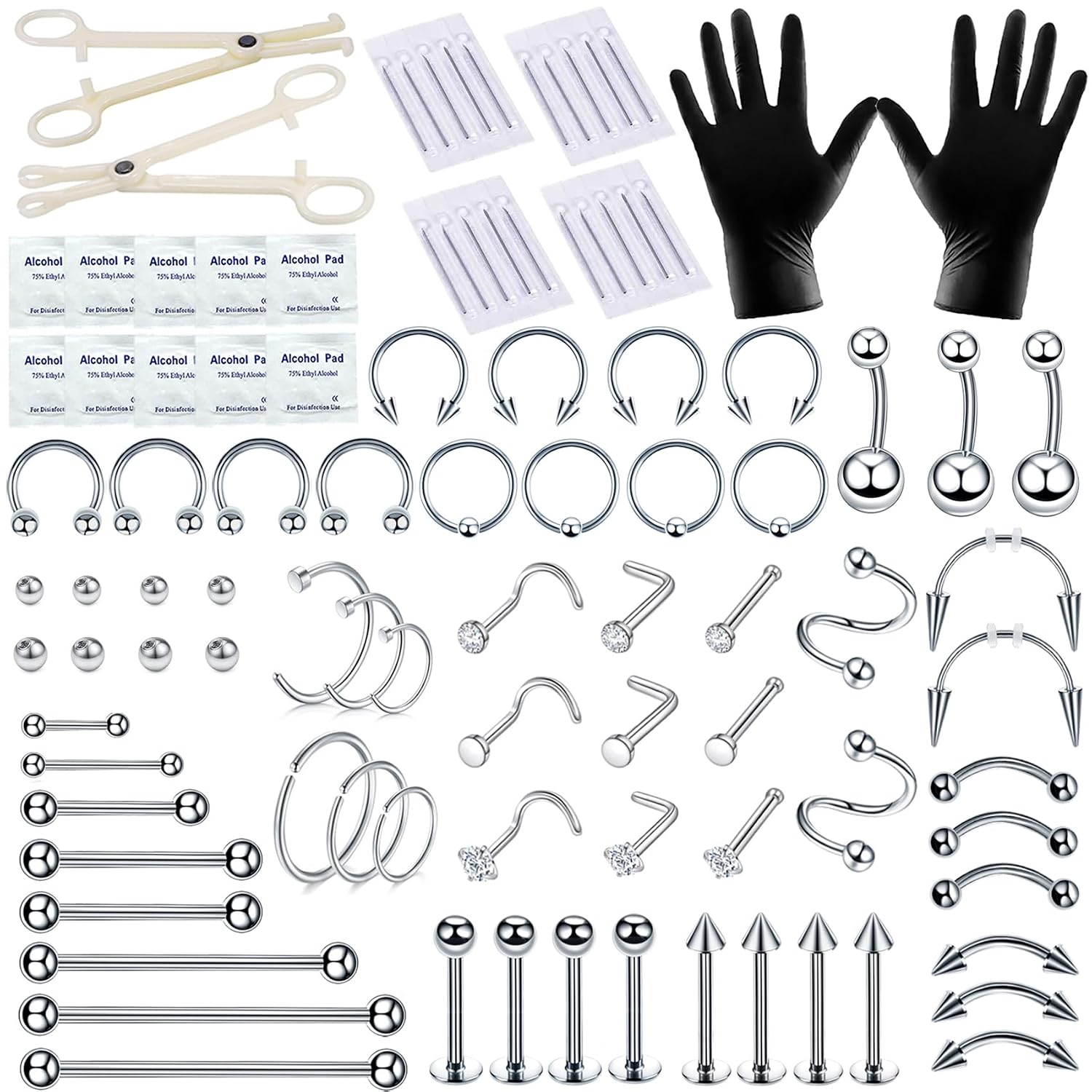 94PCS Mixed-pack Piercing Kits for All Body Piercings Stainless Steel 14G 16G 20G Jewelry and Needle with Tools Nose