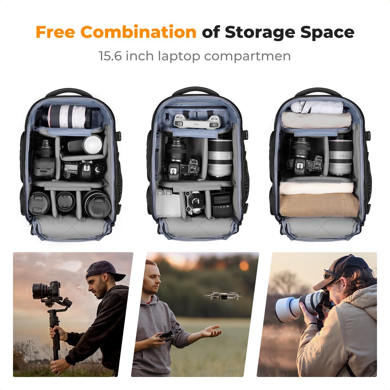 Camera Backpack,25L Large Capacity Camera Bag for Photographers | Raincover, 15.6 Inch Laptop Compartment, Compatible