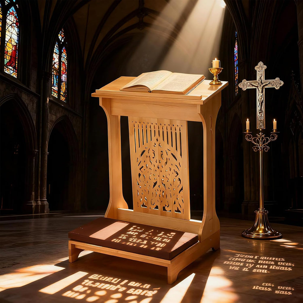 Tree of Life Church Prayer Bench Stool Wooden Padded Kneeler with Shelf and Cushion Prayer Kneeler for Home Church