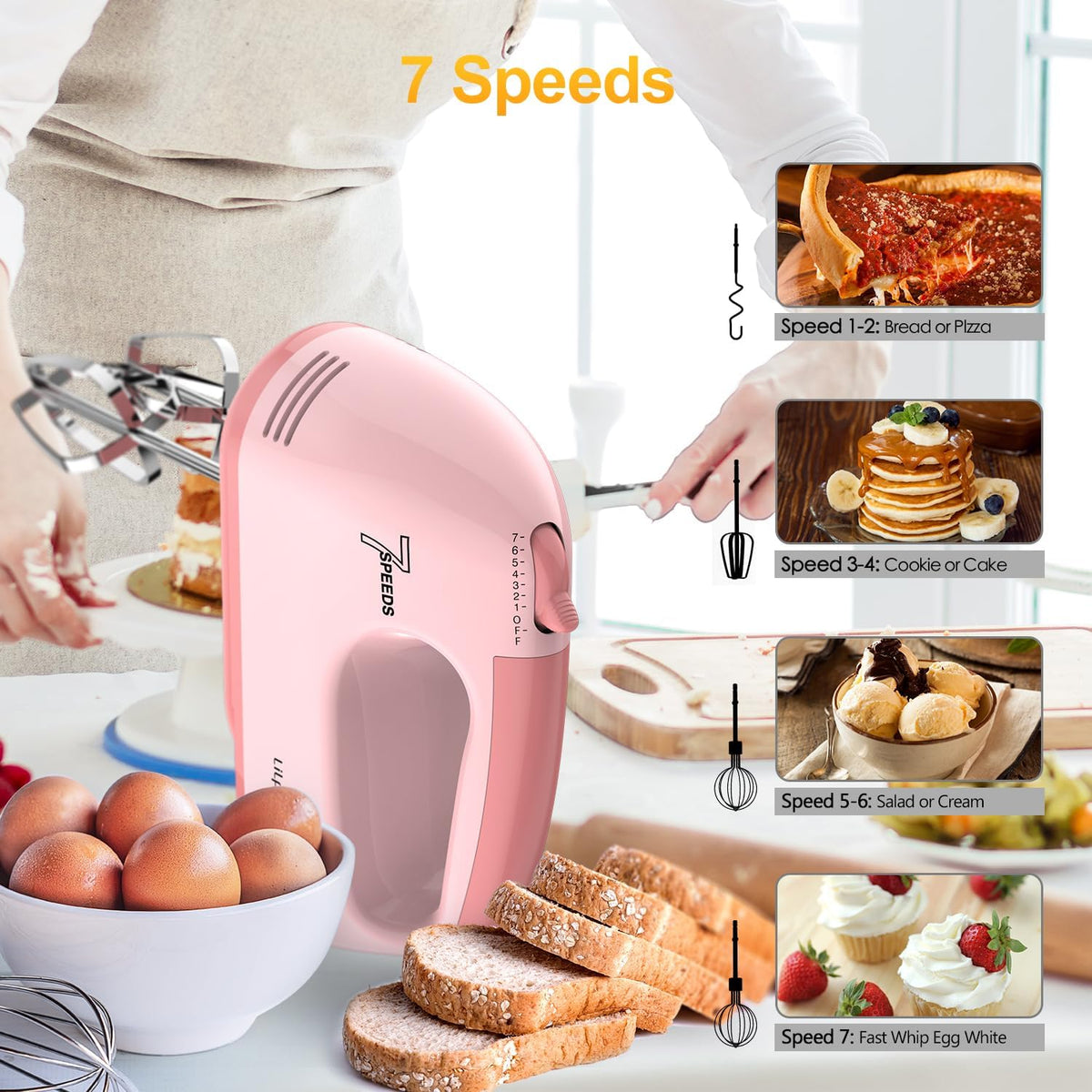 Hand Mixer Electric, Ultra Power Kitchen Hand Mixer With 7-Speed & 5 Stainless Steel Accessories for Whipping Dough