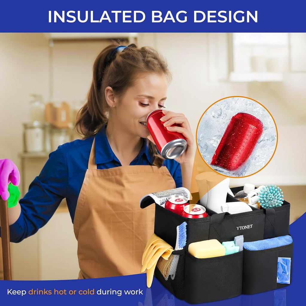 Cleaning Caddy, Water Resistant Cleaning Supplies Organizer with Handle & Foldable Divider for Cleaners, Housekeeping