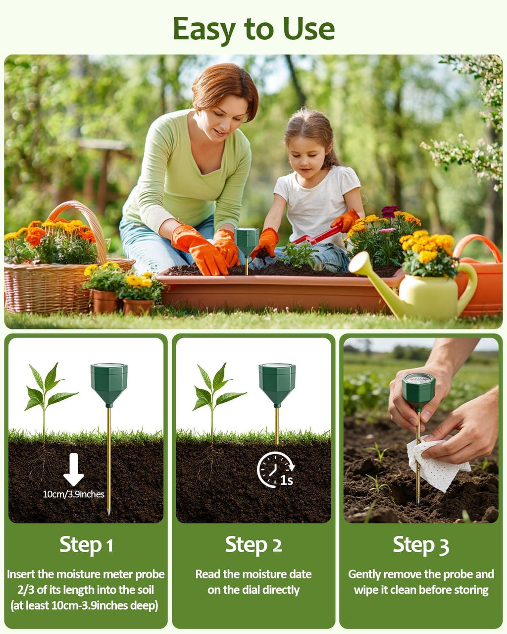 Soil Moisture Meter, Plant Water Monitor Hygrometer Sensor, Accurate Plant Water Meter, Soil Test Kit for