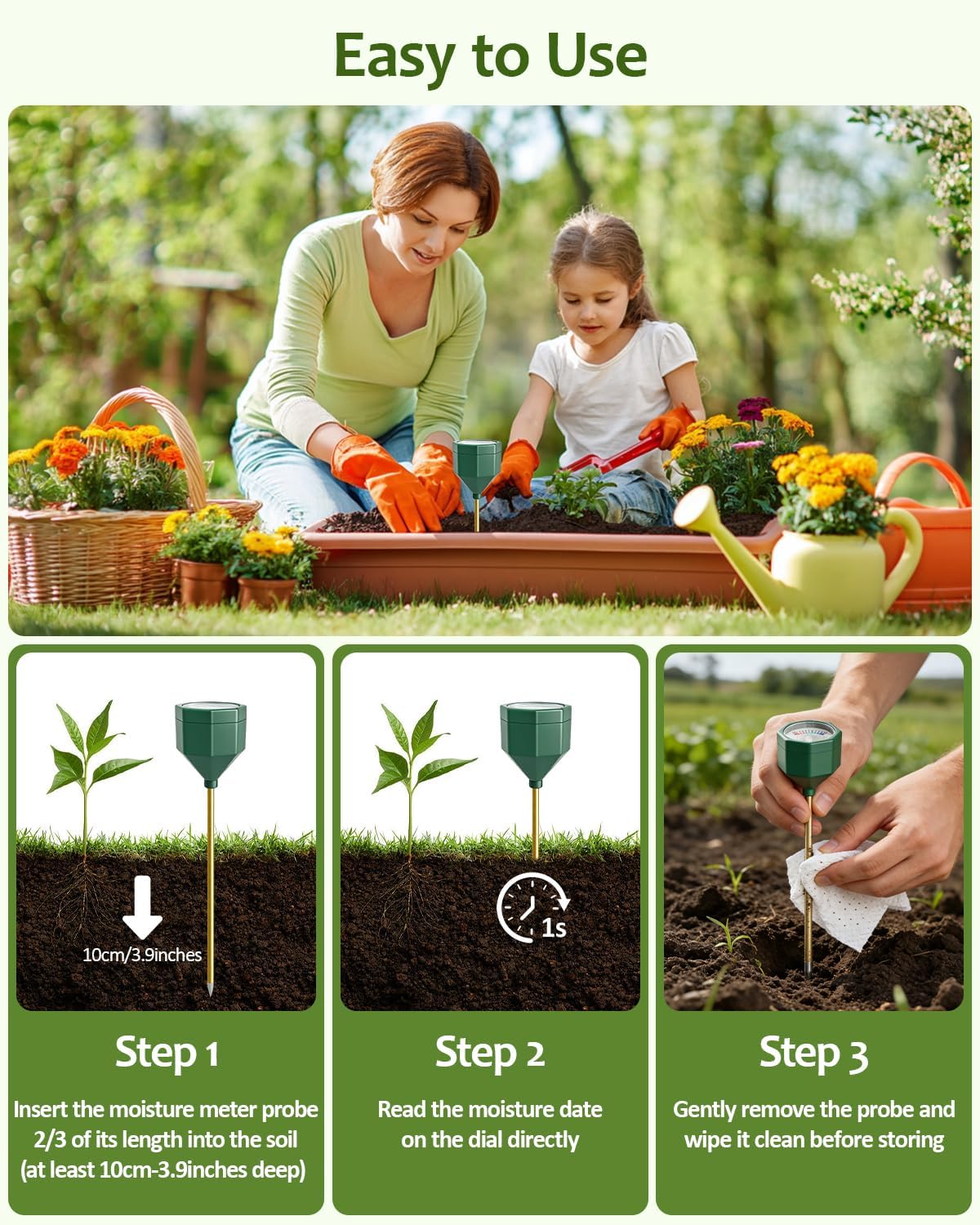 Soil Moisture Meter, Plant Water Monitor Hygrometer Sensor, Accurate Plant Water Meter, Soil Test Kit for