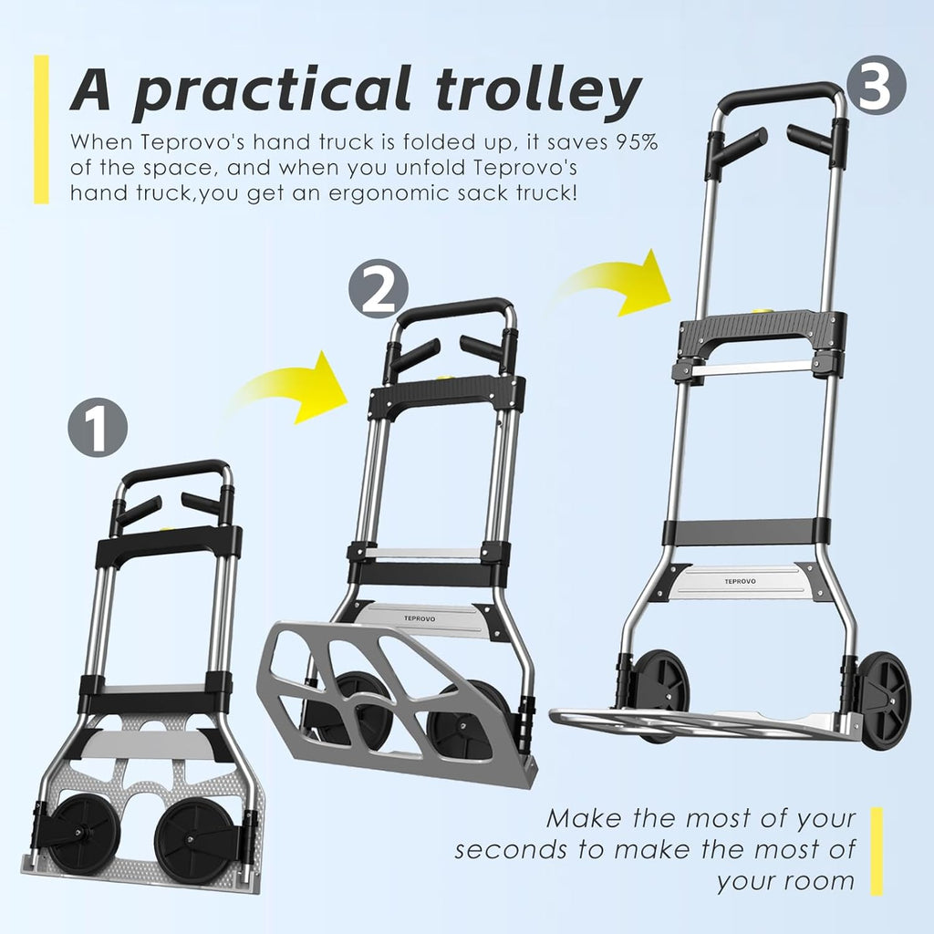Folding Hand Truck Dolly Cart,340LB Capacity Portable Aluminum Dolly Cart with Telescoping Handle and 7 Inch Rubber