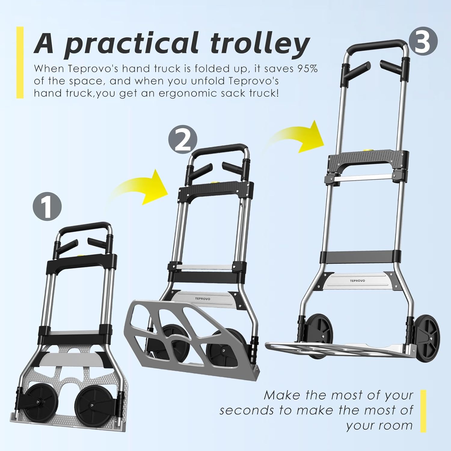 Folding Hand Truck Dolly Cart,340LB Capacity Portable Aluminum Dolly Cart with Telescoping Handle and 7 Inch Rubber