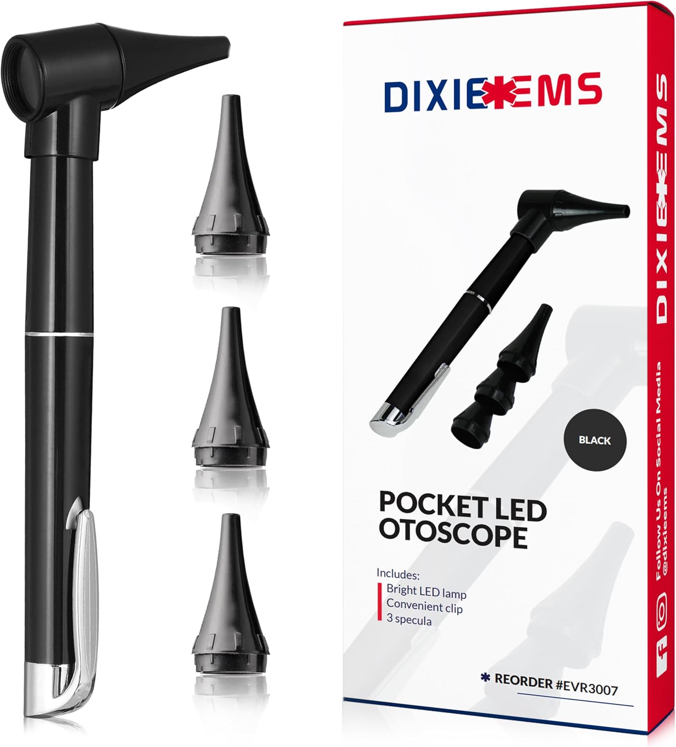 Basic Medical Pocket Size Otoscope with LED Light, Clip and 4 Specula Sizes for Students, EMTs, Nurses, Doctors, and
