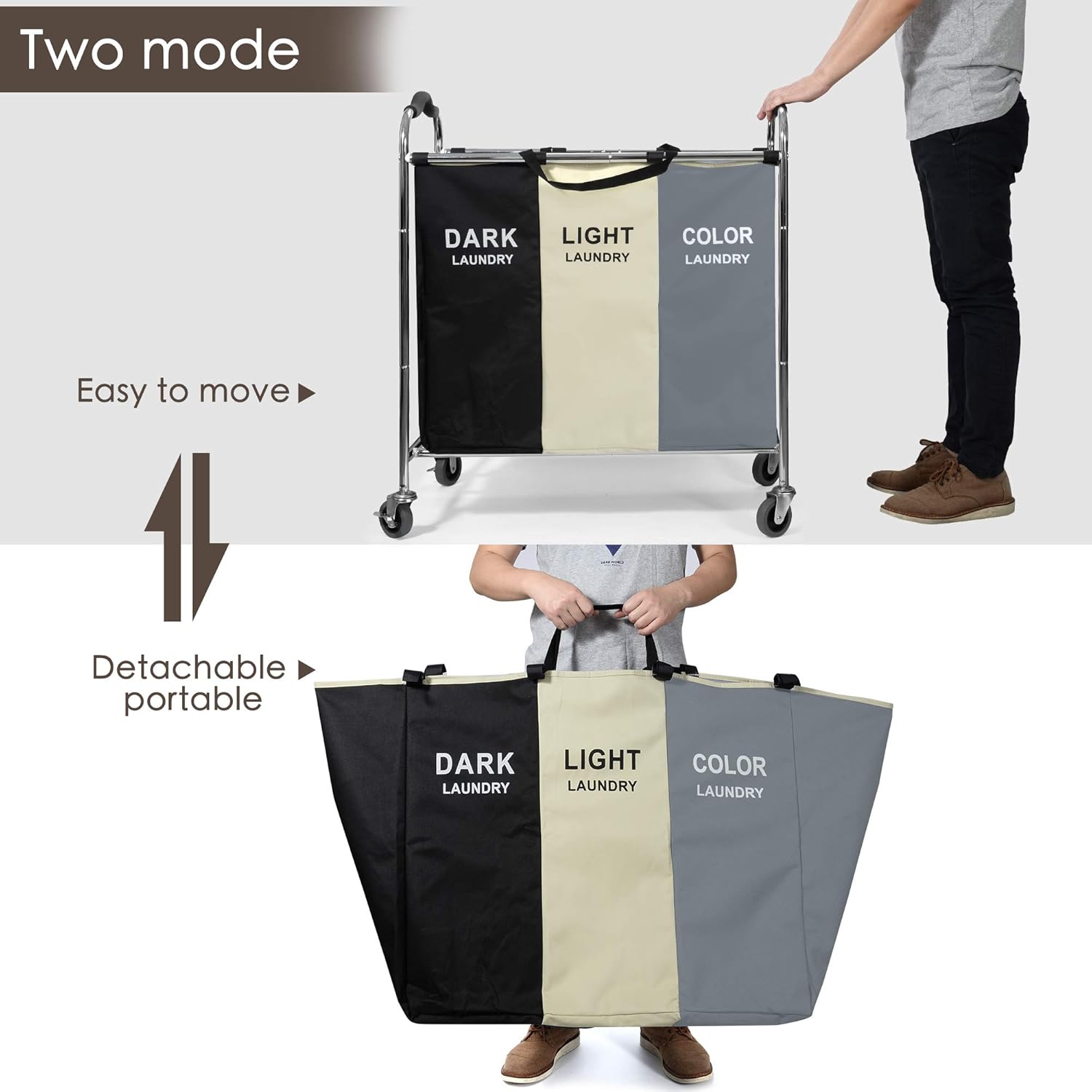 Laundry Basket with Wheels, 240l Laundry Hamper with 3 Section Laundry Bag for Dirty Clothes, Dorm Room Essentials