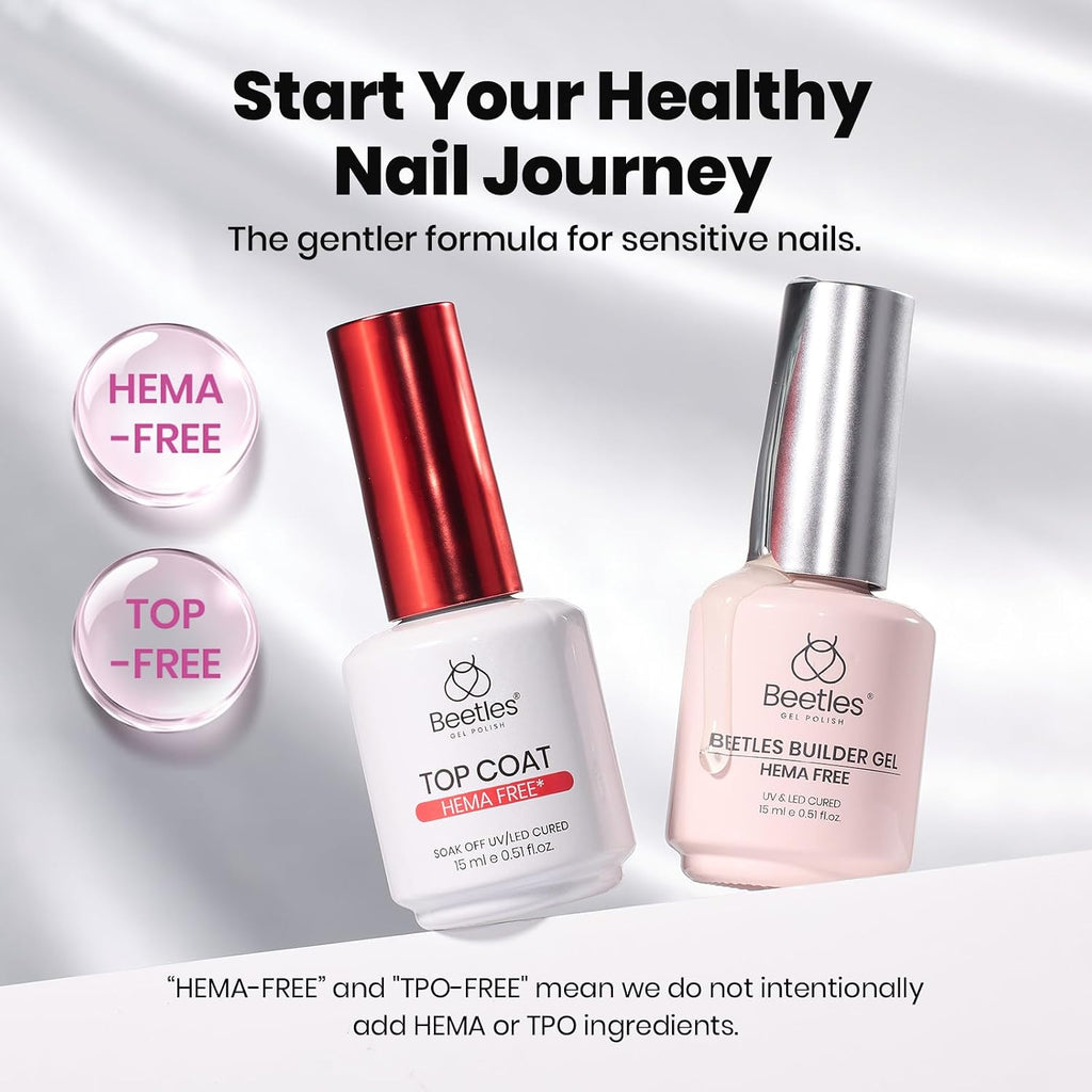 Beetles HEMA-Free Gel Top Coat & Builder Gel with Nail Bursh 2Pcs 15ml | Low Heat Hypoallergenic Clear 8 in 1 Builder
