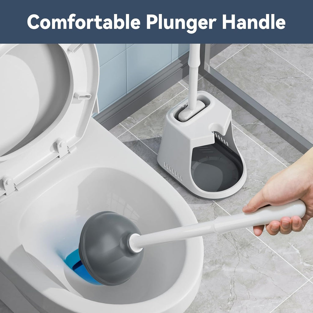 Unique Toilet Plunger and Brush, Silicone Brush and Heavy Duty Toilet Plunger Set with Ventilated Holder, 2-in-1