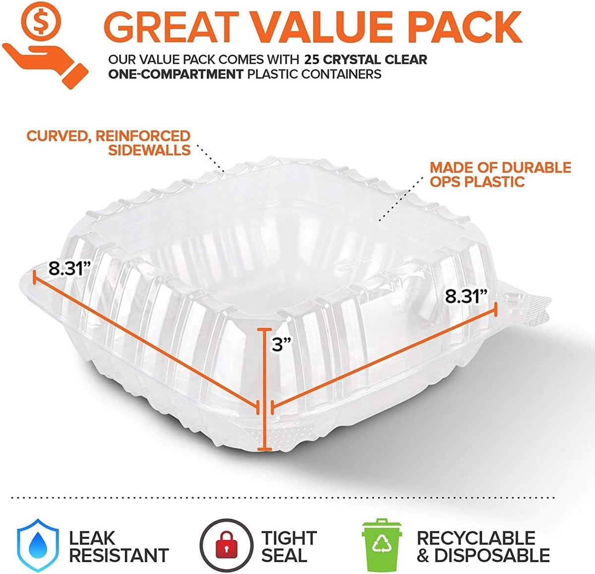 Plastic 8 x 8 Inch Clamshell Takeout Tray (25 Count) – Disposable Hinged Containers for Dessert, Salads, Pasta