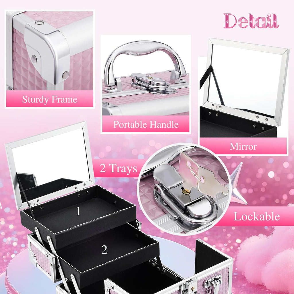 Makeup Case Portable Makeup Box Travel Train Case Cosmetic Case Organizer with 2 trays Mirror Locking Make Up Storage