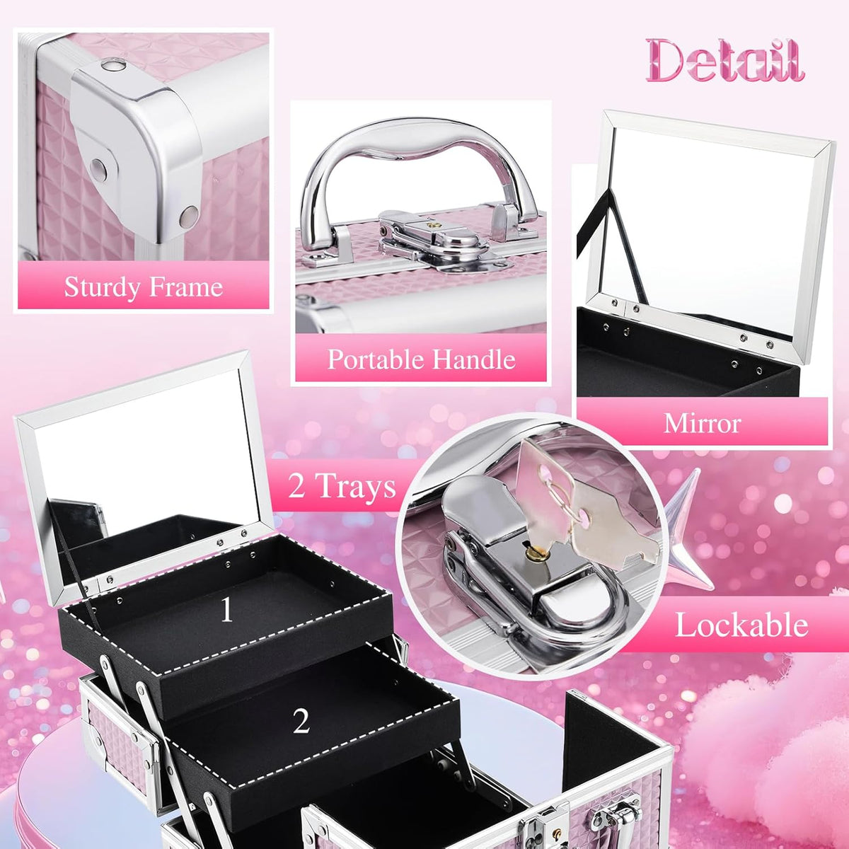Makeup Case Portable Makeup Box Travel Train Case Cosmetic Case Organizer with 2 trays Mirror Locking Make Up Storage