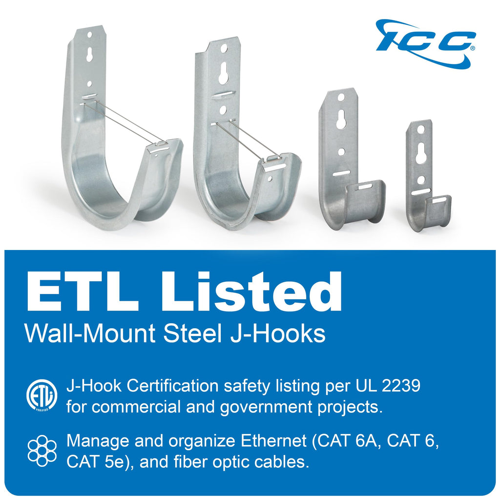 ICC 2-Inch Wall Mount J Hook Cable Management, Retainer Clips, 25-Pack