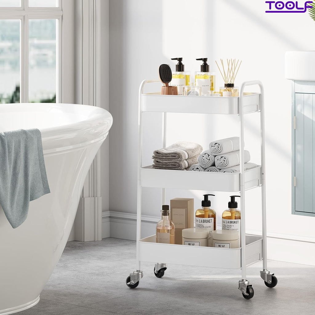 3 Tier Metal Rolling Cart, Utility Storage Cart with Wheels, White