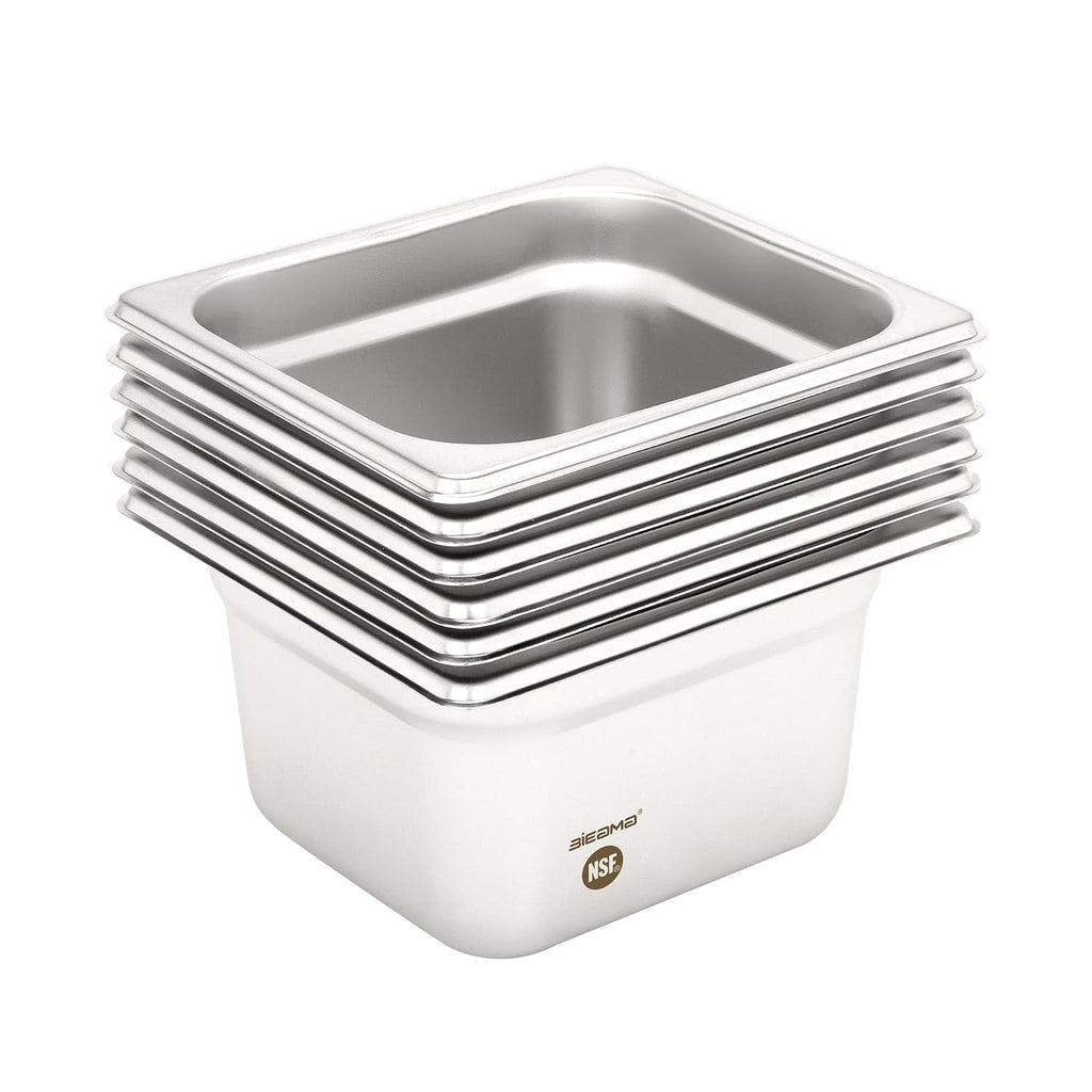 6 Pack Hotel Pans, 1/6 Size 4" Deep, NSF Stainless Steel Pan