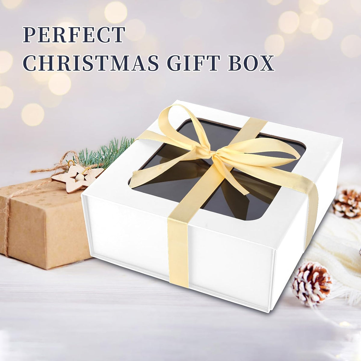 White Gift Boxes with Window,7.5"x7.5"x3.1" Magnetic Closure Lid Gift Boxes
