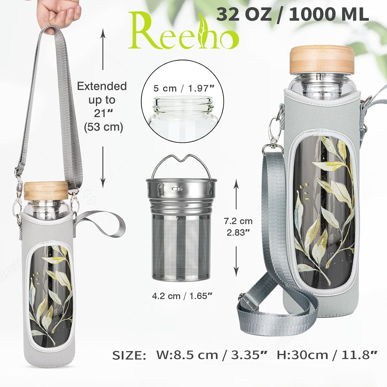 32oz Borosilicate Glass Water Bottle with Tea Infuser, Tea Tumbler with Strainer, Reusable Travel Mug with Sleeve & 2