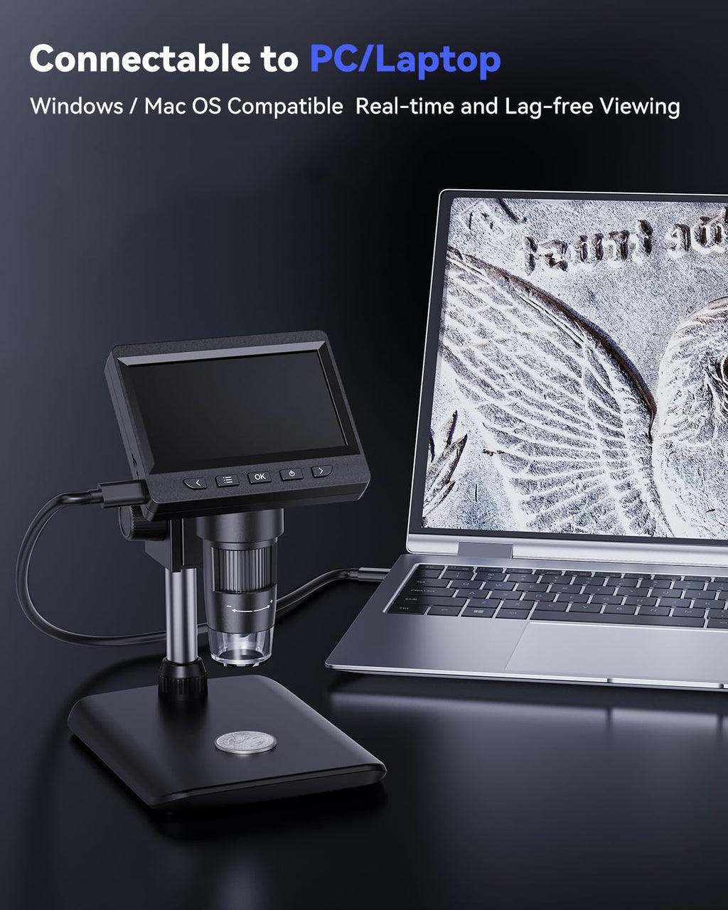 Digital Microscope, Coin Microscope with Light Adjustable Brightness 4.3" HD LCD Screen, 1000X Zoom PC View