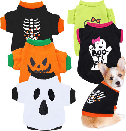 5 Pcs Halloween Dog Shirt & Clothes - Pumpkin Ghosts Skeletons Pet Costume - Funny Scary Dog Apparel - Party Cosplay