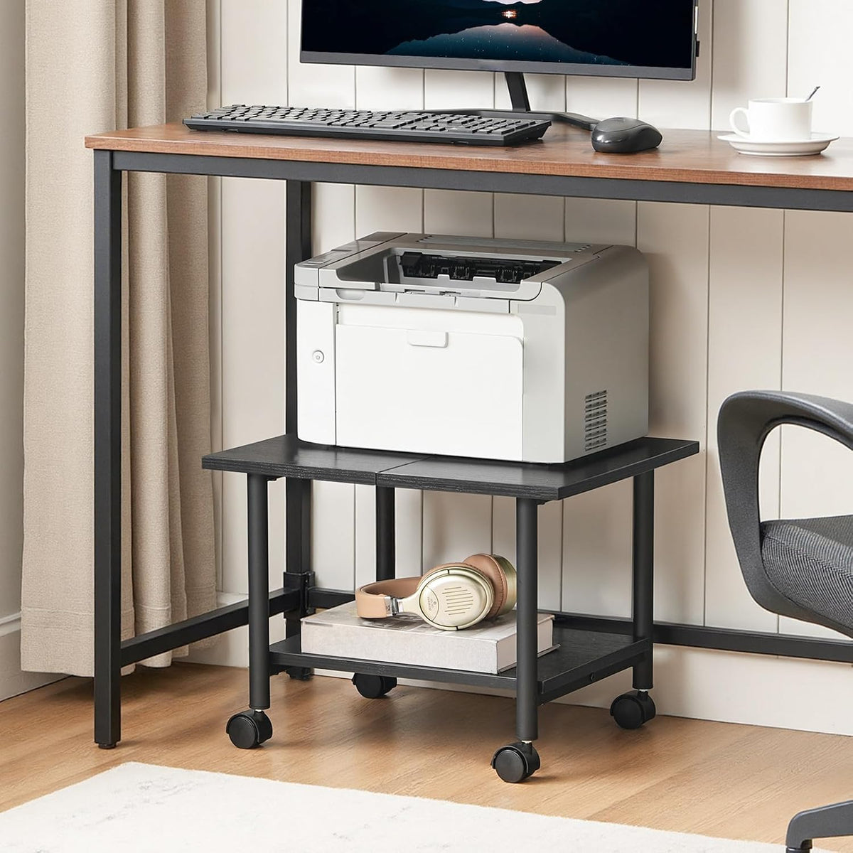 Printer Stand, 2-Tier Industrial Under Desk Printer Cart with Shelf, Mobile Heavy Duty Storage Rack on Wheels for