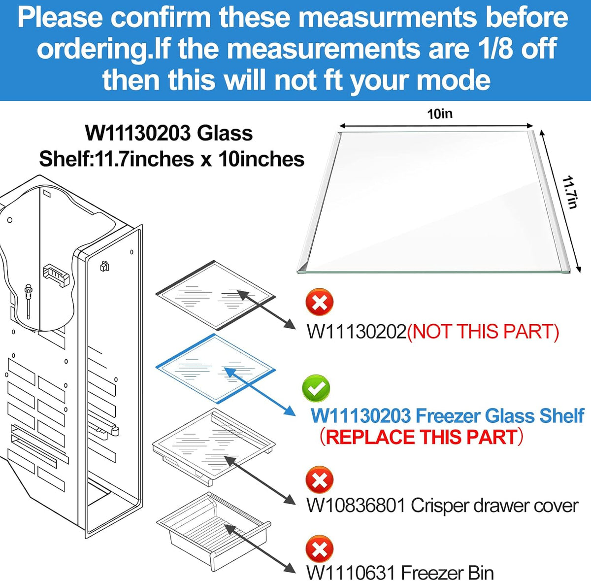 UPGRADED W11130203 Freezer Glass Shelf Compatible with Whirlpool Freezer Shelf Replacement W10773887 Whirlpool Shelf Replacment Parts W10527849 PS12347522 WRS571CIHZ04 WRS571CIHZ01 Freezer Shelf