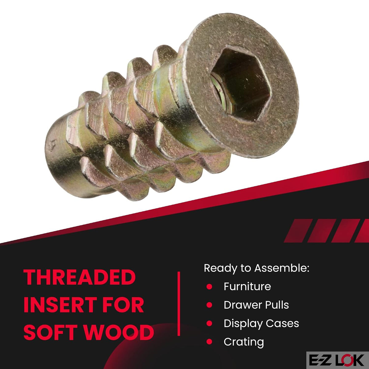E-Z LOK Thread Insert for Soft Wood, Hex Flanged, 10-32, 20mm, 25 ct