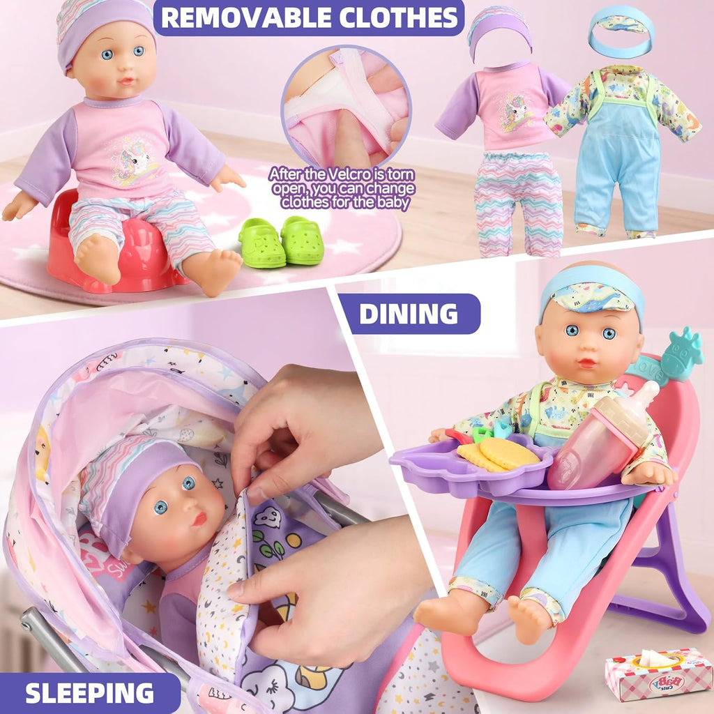 Baby Doll Stroller Playset for Girls Toddlers 3-5 4-6 5-7 Year Old to Play House Games. Stroller Toy with 12.5" Baby