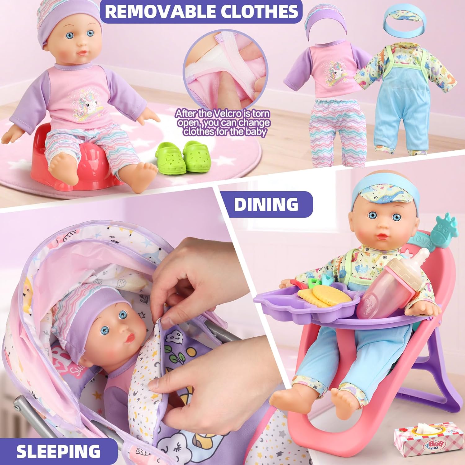 Baby Doll Stroller Playset for Girls Toddlers 3-5 4-6 5-7 Year Old to Play House Games. Stroller Toy with 12.5" Baby