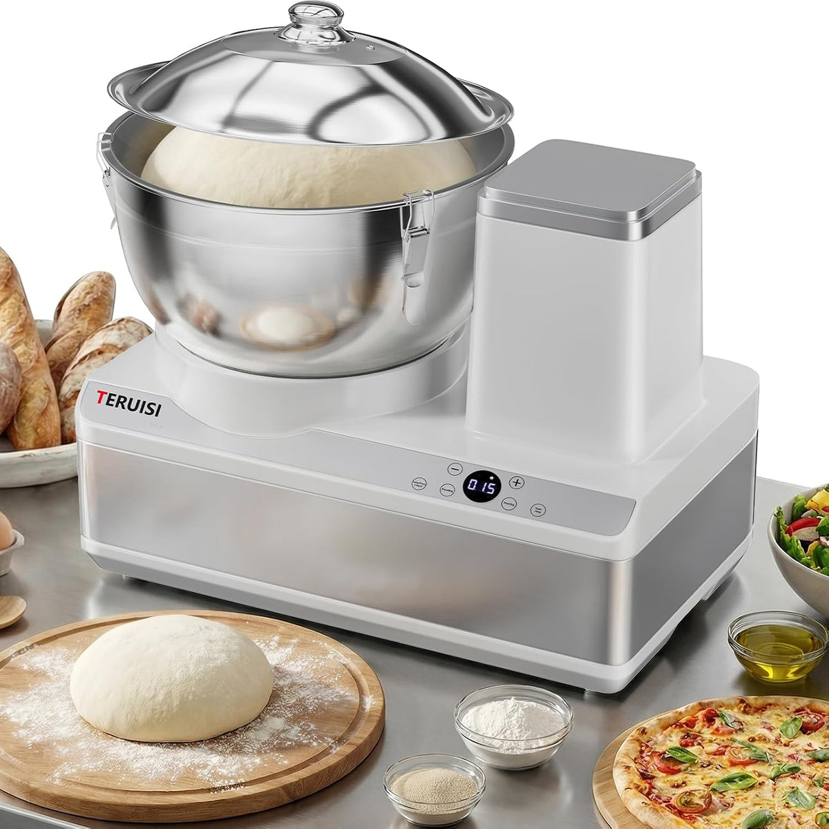 Commercial Dough Mixer, 13.8QT Electric Dough Maker with LED Display Timer Ferment Function, Countertop Bread Mixer