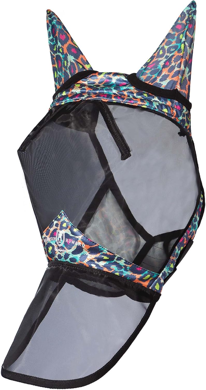 Pro LumiVista Horse Full Face Fly Mask Large Eye Space Long Nose with Ears UV Protection for Horse Iridescent Prints L