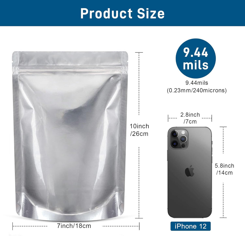 50 Packs Mylar Bags for Food Storage with Clear Window,1 QUART(9.44 Mil, 7"x 10") Reusable Mylar Bags with 400CC