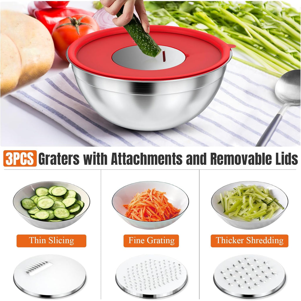 Mixing Bowls with Lids Set, 7 PCS Stainless Steel Mixing Bowls with 3 Grater Attachments, Size 4.5, 4, 3.5, 2.1, 1.5