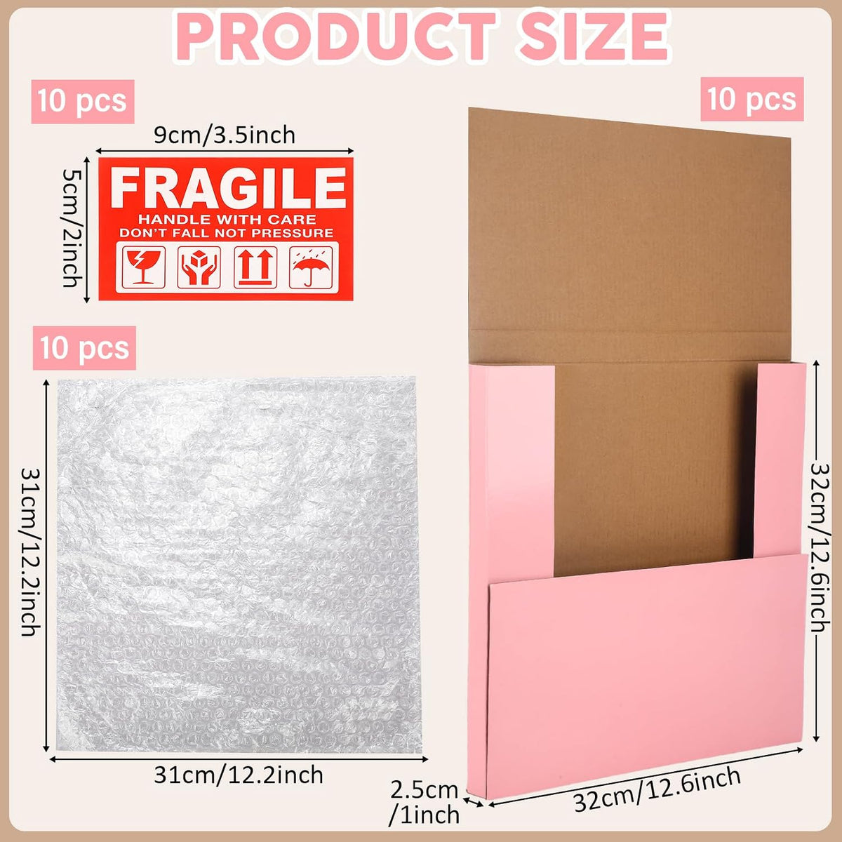 10 Sets 12.6 x 12.6 x 1" Vinyl Record Shipping Boxes, Pink