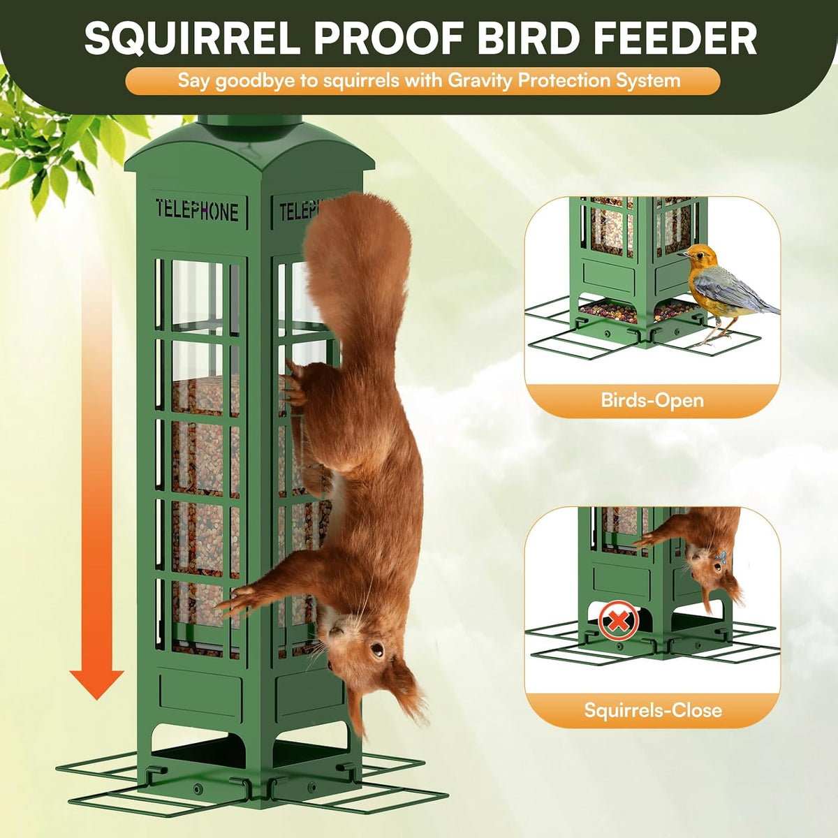 Squirrel Proof Bird Feeder, Heavy Duty Metal Telephone Booth Bird Feeder with Weight Activated Perches, 3 LB Capacity
