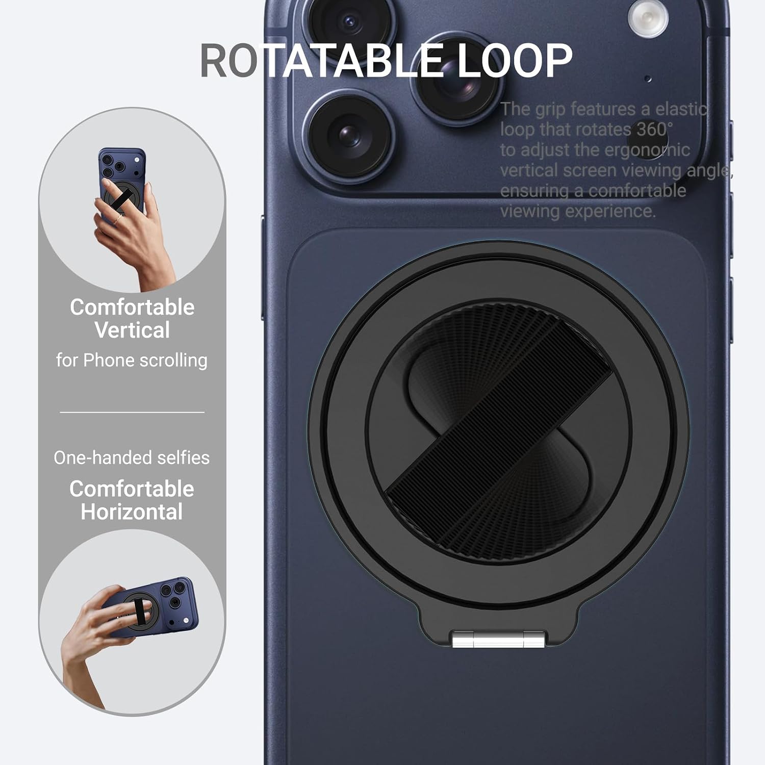 Grat 4 for Magsafe Magnetic Phone Grip Stand, 360° Rotatable Elastic Strap Loop, Detachable Ultra-Thin Aluminum Ring