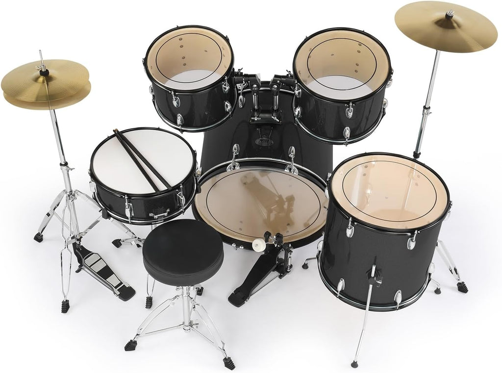 22 Inch Complete Adult Drum Set, 5-Piece, Black | Beginner Drums Kit, with Cymbal Stands, Hi-hat Stand, Sticks, Drum