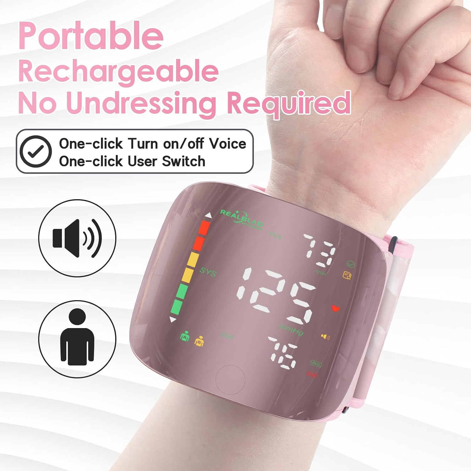 Wrist Blood Pressure Monitor with Curved Screen, Portable, Pink