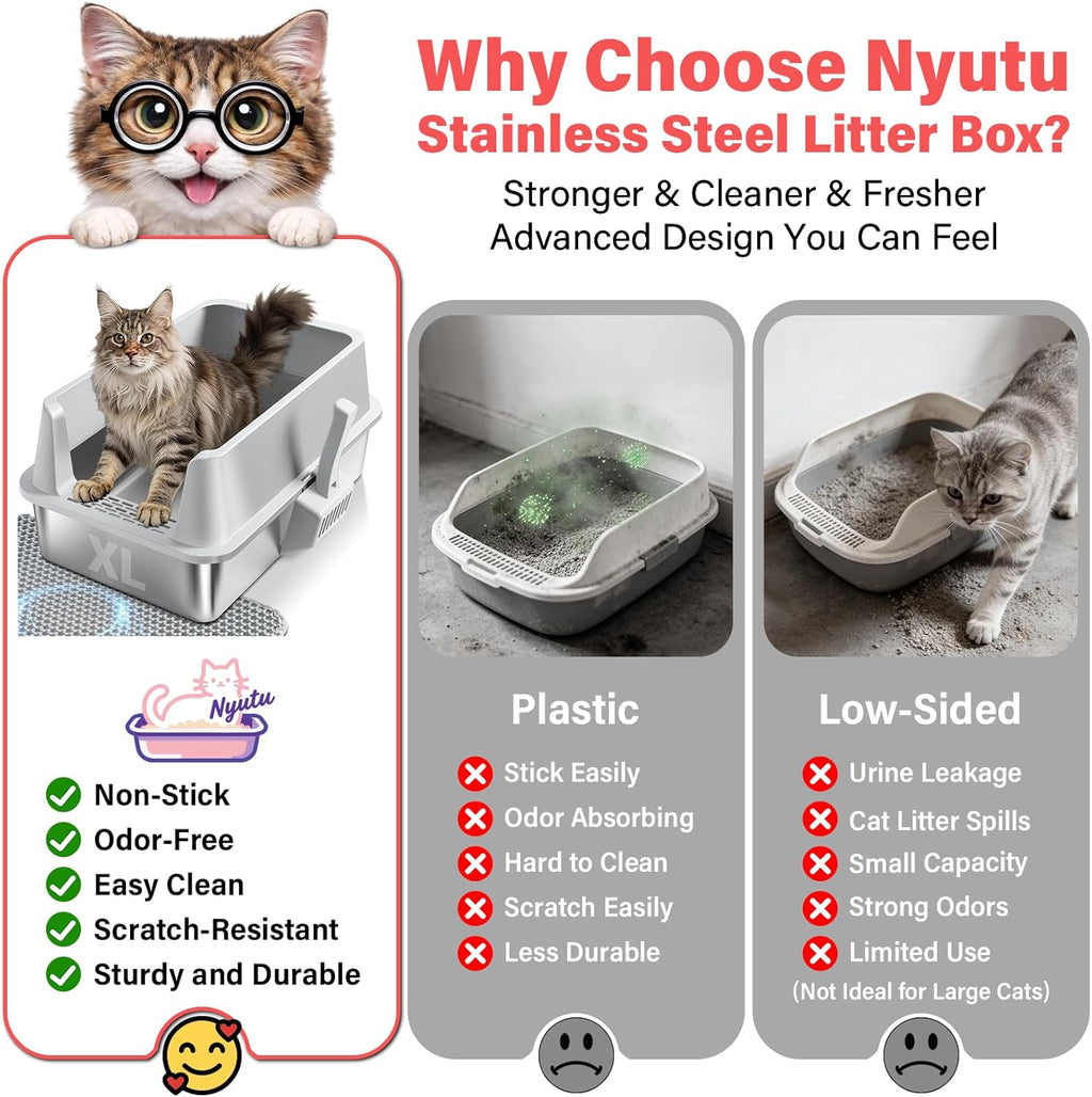 Stainless Steel Litter Box for Kittens, Senior and Big Cats, Extra Large Metal Litter Box with High Sides Lid, Leak