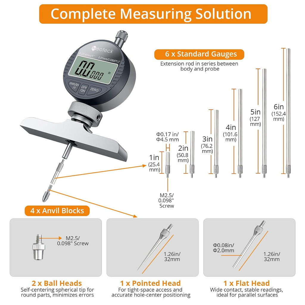 Neoteck 0-22 Inch Digital Depth Micrometer with 1"/0.0005" Dial Indicator