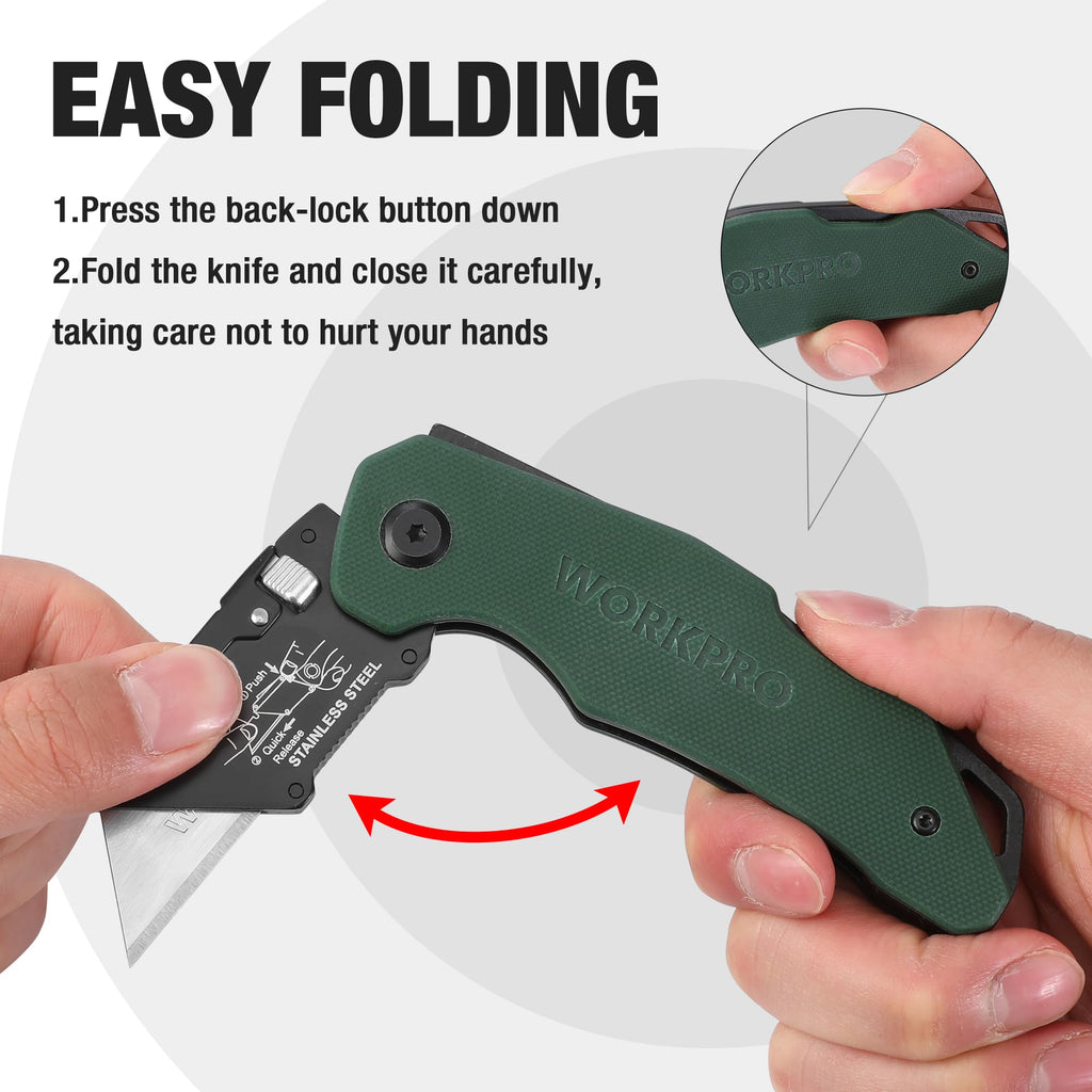 Folding Utility Knife G10 Handle with Stainless Steel Head, Quick-change Blade & Back Lock, Heavy Duty Box Cutter