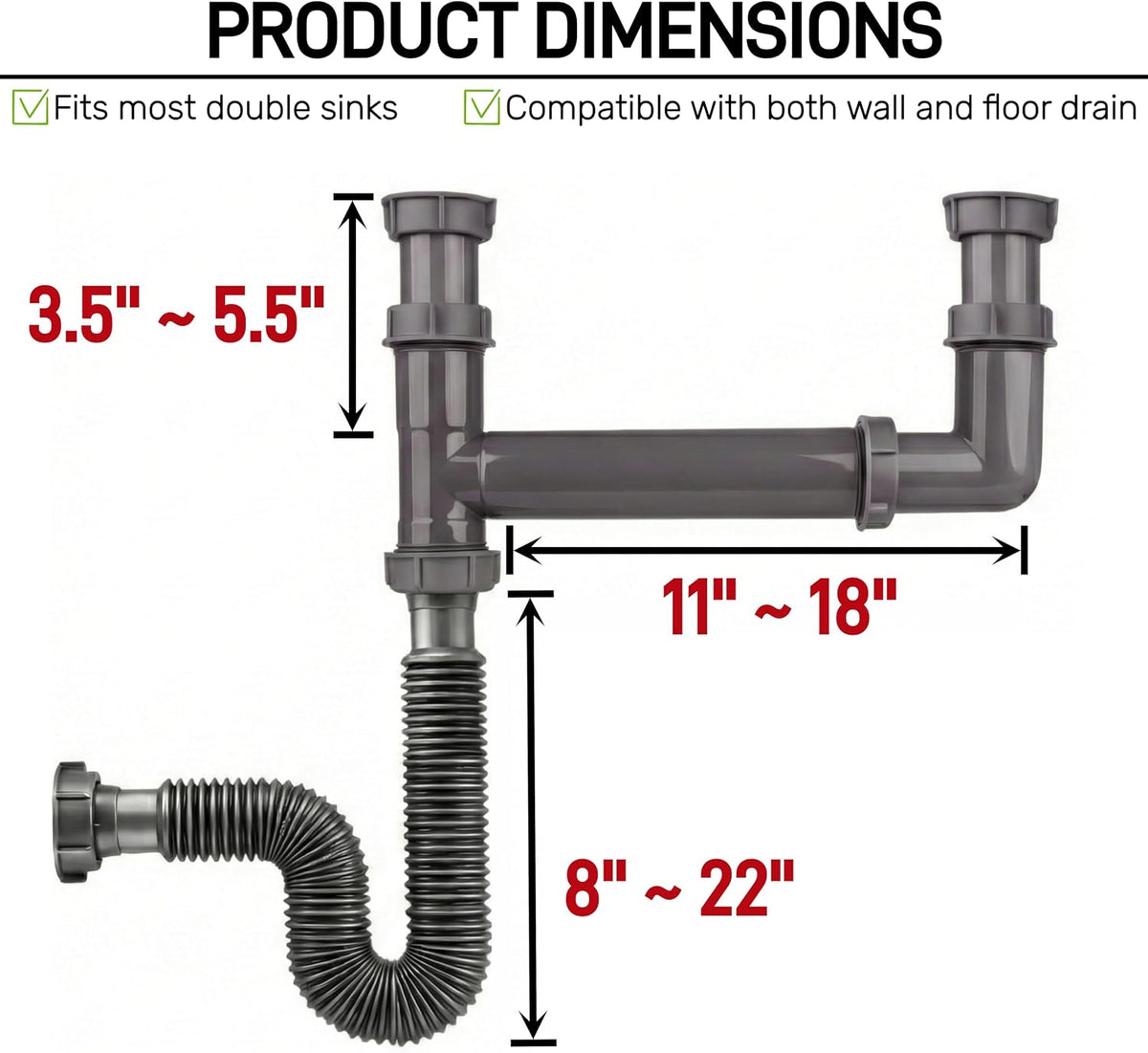 Double Bowl Kitchen Sink Drain Kit – End Outlet Waste for 1-1/2 Inch Drains – Adjustable Width (11" to 18") – PP