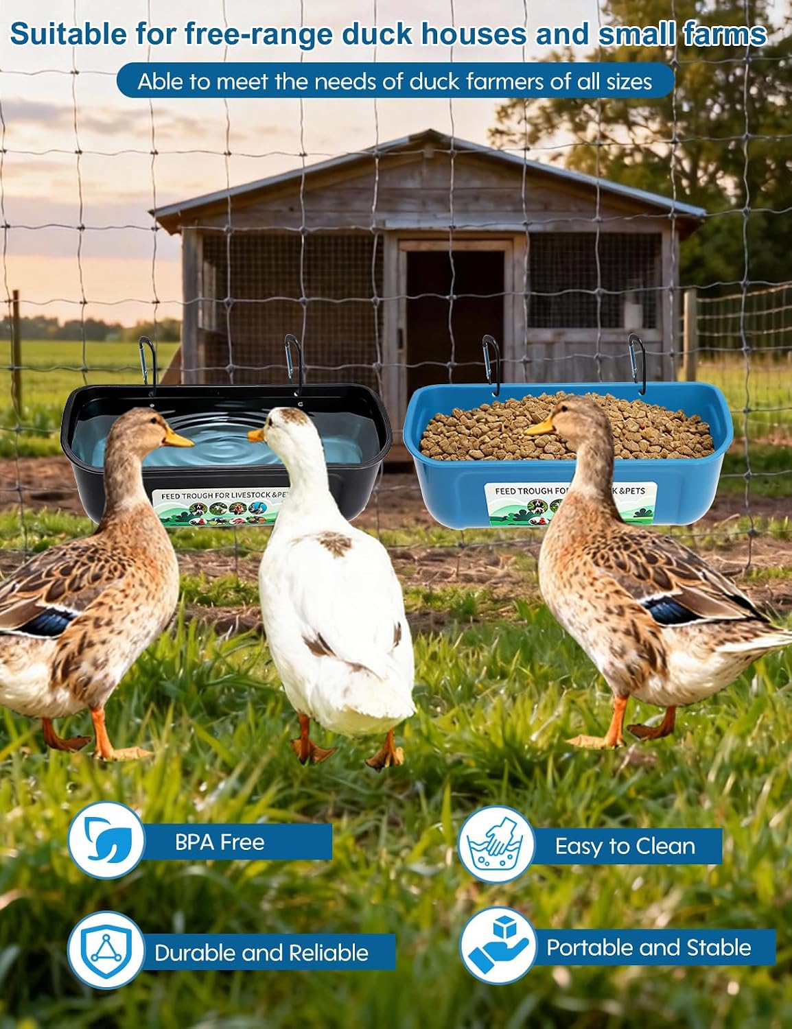 Duck Water Feeder,4 Pack Hanging Ducks Feeder and Ducks Waterer Set,Drake Fence Feed Trough with Clips, Poultry