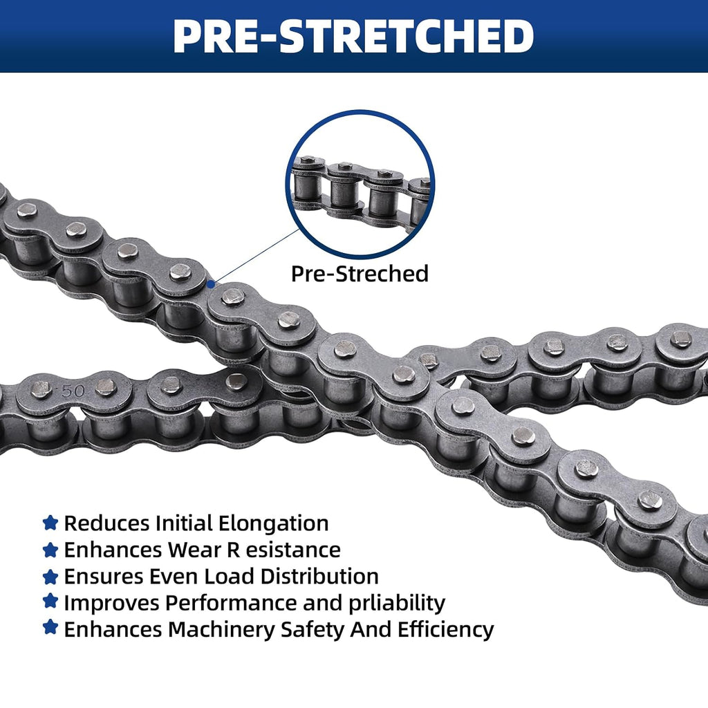 #50 Roller Chain, 10 Feet Carbon Steel Chain with 4 Free Connecting Links